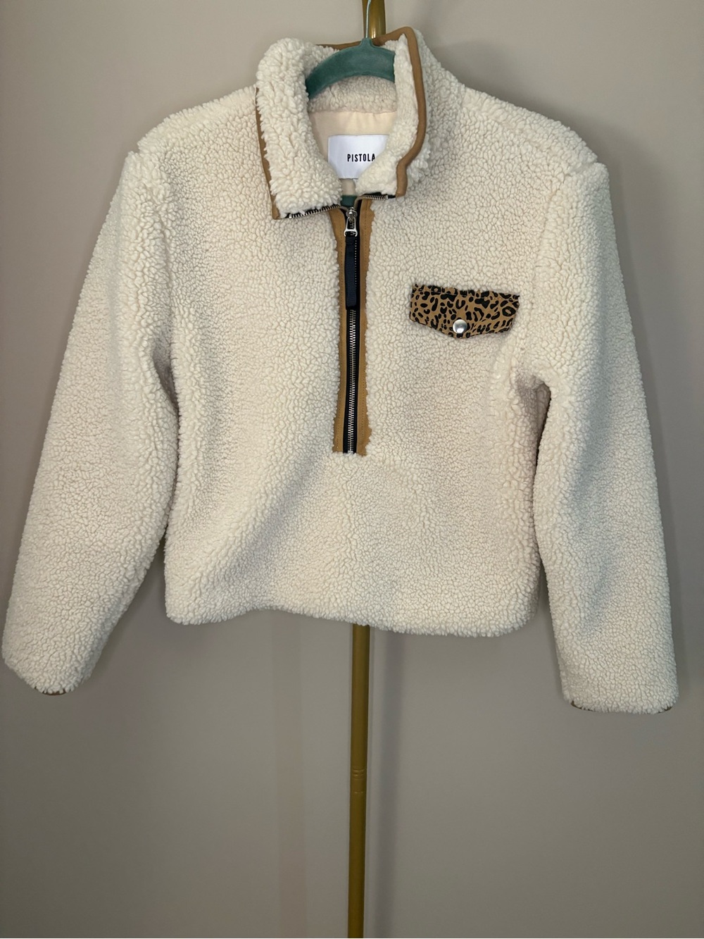 Pistola Zoey Cream Sherpa Pullover Jacket with Leopard Pocket